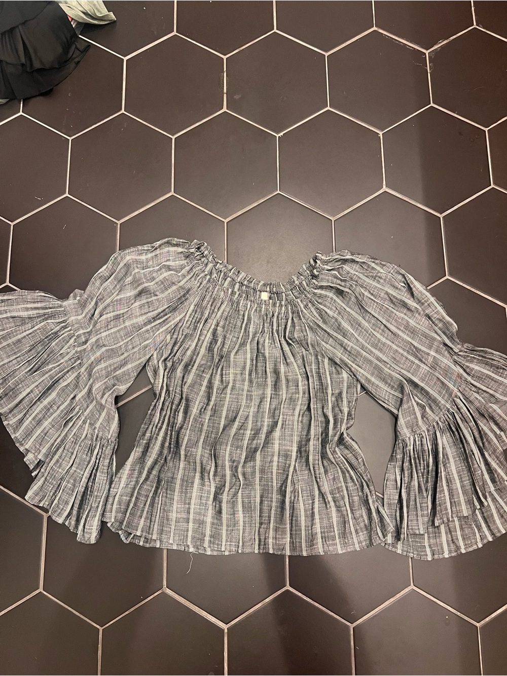 Elan Gray Striped Off-Shoulder Peasant Blouse